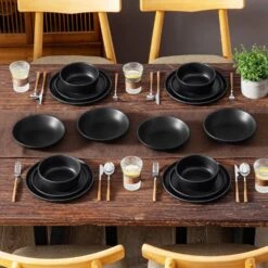 16-Piece Matte Black Stoneware Dinnerware Set Service For 4 Tableware Bowls And Plates Dining Set Dishware Set -Vancasso Shop matte black vancasso dinnerware sets vc pla bk 16 eu fa 1000