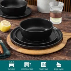 18-Piece Matte Black Stoneware Dinnerware Set Service For 6 Tableware Dinner Plates Dessert Plates Cereal Bowls 26 18-Piece Matte Black Stoneware Dinnerware Set Service For 6 Tableware Dinner Plates Dessert Plates Cereal Bowls -Vancasso Shop matte black vancasso dinnerware sets vc pla bk 18 eu 1f 1000