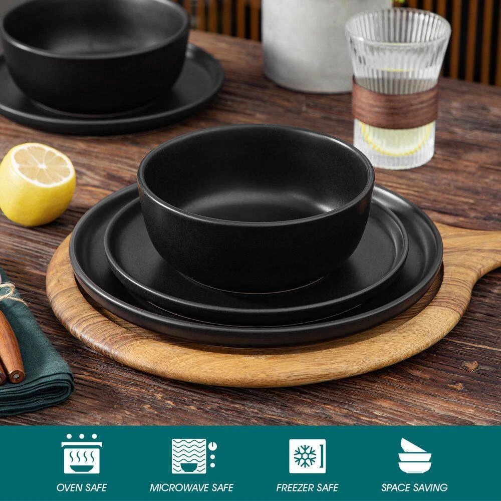 18-Piece Matte Black Stoneware Dinnerware Set Service For 6 Tableware Dinner Plates Dessert Plates Cereal Bowls 12 18-Piece Matte Black Stoneware Dinnerware Set Service For 6 Tableware Dinner Plates Dessert Plates Cereal Bowls - Image 10