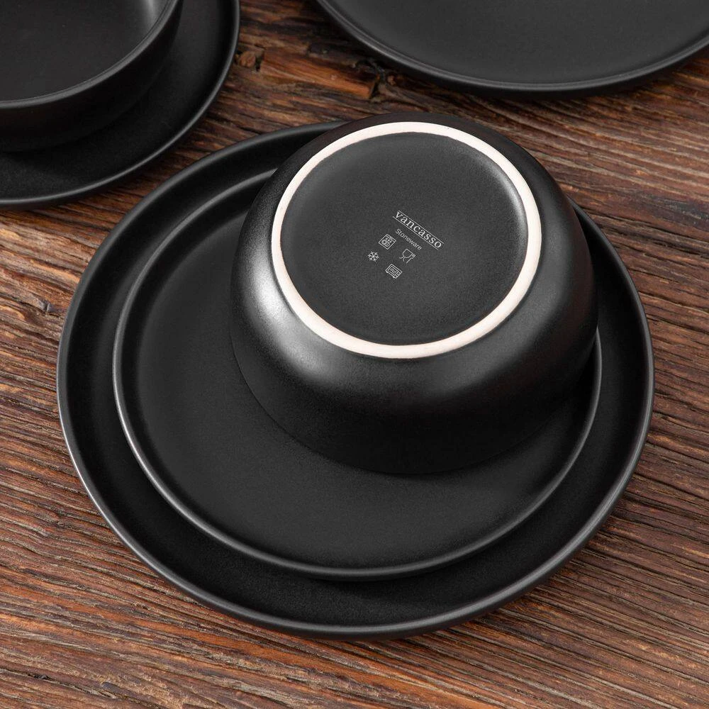 18-Piece Matte Black Stoneware Dinnerware Set Service For 6 Tableware Dinner Plates Dessert Plates Cereal Bowls 5 18-Piece Matte Black Stoneware Dinnerware Set Service For 6 Tableware Dinner Plates Dessert Plates Cereal Bowls - Image 3