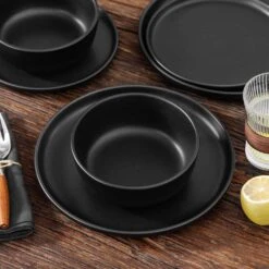 18-Piece Matte Black Stoneware Dinnerware Set Service For 6 Tableware Dinner Plates Dessert Plates Cereal Bowls 23 18-Piece Matte Black Stoneware Dinnerware Set Service For 6 Tableware Dinner Plates Dessert Plates Cereal Bowls -Vancasso Shop matte black vancasso dinnerware sets vc pla bk 18 eu 77 1000