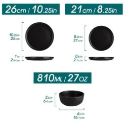 18-Piece Matte Black Stoneware Dinnerware Set Service For 6 Tableware Dinner Plates Dessert Plates Cereal Bowls 24 18-Piece Matte Black Stoneware Dinnerware Set Service For 6 Tableware Dinner Plates Dessert Plates Cereal Bowls -Vancasso Shop matte black vancasso dinnerware sets vc pla bk 18 eu c3 1000