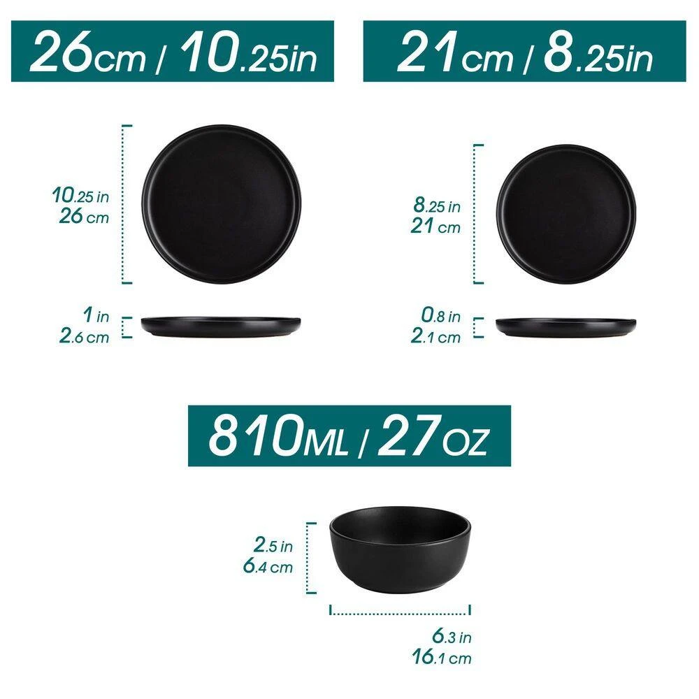 18-Piece Matte Black Stoneware Dinnerware Set Service For 6 Tableware Dinner Plates Dessert Plates Cereal Bowls 10 18-Piece Matte Black Stoneware Dinnerware Set Service For 6 Tableware Dinner Plates Dessert Plates Cereal Bowls - Image 8