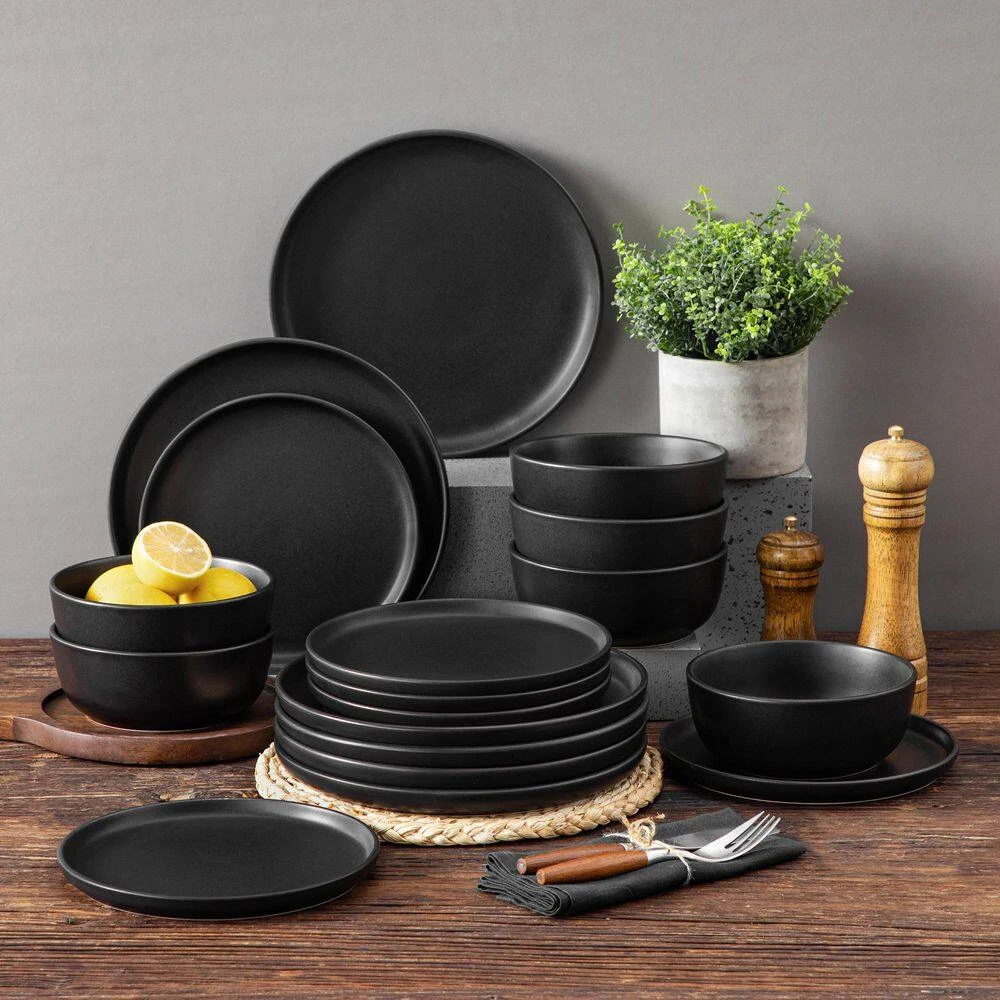 18-Piece Matte Black Stoneware Dinnerware Set Service For 6 Tableware Dinner Plates Dessert Plates Cereal Bowls 16 18-Piece Matte Black Stoneware Dinnerware Set Service For 6 Tableware Dinner Plates Dessert Plates Cereal Bowls - Image 14