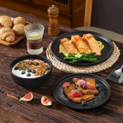 18-Piece Matte Black Stoneware Dinnerware Set Service For 6 Tableware Dinner Plates Dessert Plates Cereal Bowls 28 18-Piece Matte Black Stoneware Dinnerware Set Service For 6 Tableware Dinner Plates Dessert Plates Cereal Bowls -Vancasso Shop matte black vancasso dinnerware sets vc pla bk 18 eu fa 1000