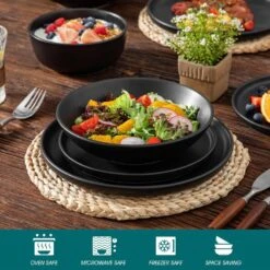 24-Piece Matte Black Stoneware Dinnerware Set Service For 6 Tableware Set Plates And Bowls Dinner Set -Vancasso Shop matte black vancasso dinnerware sets vc pla bk 24 eu 1f 1000