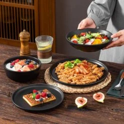 24-Piece Matte Black Stoneware Dinnerware Set Service For 6 Tableware Set Plates And Bowls Dinner Set -Vancasso Shop matte black vancasso dinnerware sets vc pla bk 24 eu 31 1000