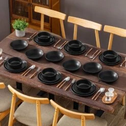 24-Piece Matte Black Stoneware Dinnerware Set Service For 6 Tableware Set Plates And Bowls Dinner Set -Vancasso Shop matte black vancasso dinnerware sets vc pla bk 24 eu 44 1000