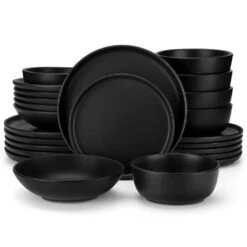 24-Piece Matte Black Stoneware Dinnerware Set Service For 6 Tableware Set Plates And Bowls Dinner Set