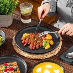 24-Piece Matte Black Stoneware Dinnerware Set Service For 6 Tableware Set Plates And Bowls Dinner Set -Vancasso Shop matte black vancasso dinnerware sets vc pla bk 24 eu 66 1000