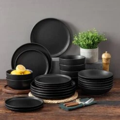 24-Piece Matte Black Stoneware Dinnerware Set Service For 6 Tableware Set Plates And Bowls Dinner Set -Vancasso Shop matte black vancasso dinnerware sets vc pla bk 24 eu 76 1000