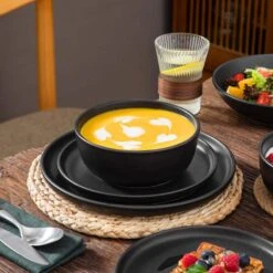24-Piece Matte Black Stoneware Dinnerware Set Service For 6 Tableware Set Plates And Bowls Dinner Set -Vancasso Shop matte black vancasso dinnerware sets vc pla bk 24 eu d4 1000