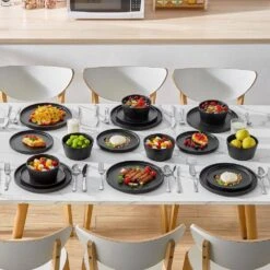 18-Piece Matte Black Stoneware Dinnerware Set Service For 6-Dinner Set With Dinner Plates Dessert Plates Cereal Bowls 21 18-Piece Matte Black Stoneware Dinnerware Set Service For 6-Dinner Set With Dinner Plates Dessert Plates Cereal Bowls -Vancasso Shop matte black vancasso dinnerware sets vc playb bk 18 1d 1000