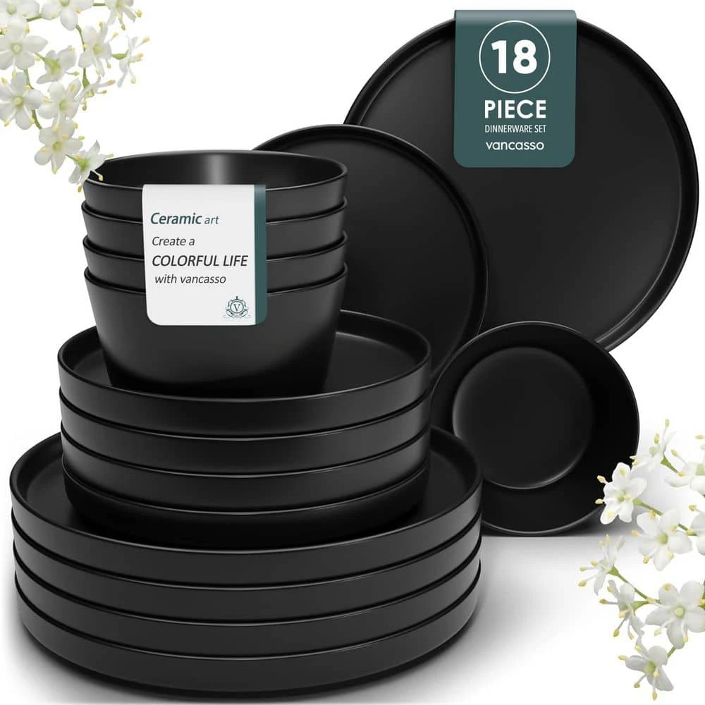 18-Piece Matte Black Stoneware Dinnerware Set Service For 6-Dinner Set With Dinner Plates Dessert Plates Cereal Bowls 3 18-Piece Matte Black Stoneware Dinnerware Set Service For 6-Dinner Set With Dinner Plates Dessert Plates Cereal Bowls