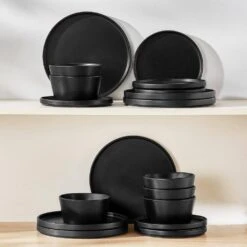18-Piece Matte Black Stoneware Dinnerware Set Service For 6-Dinner Set With Dinner Plates Dessert Plates Cereal Bowls 29 18-Piece Matte Black Stoneware Dinnerware Set Service For 6-Dinner Set With Dinner Plates Dessert Plates Cereal Bowls -Vancasso Shop matte black vancasso dinnerware sets vc playb bk 18 76 1000