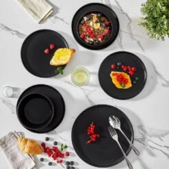 18-Piece Matte Black Stoneware Dinnerware Set Service For 6-Dinner Set With Dinner Plates Dessert Plates Cereal Bowls 20 18-Piece Matte Black Stoneware Dinnerware Set Service For 6-Dinner Set With Dinner Plates Dessert Plates Cereal Bowls -Vancasso Shop matte black vancasso dinnerware sets vc playb bk 18 a0 1000