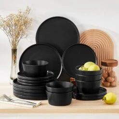 18-Piece Matte Black Stoneware Dinnerware Set Service For 6-Dinner Set With Dinner Plates Dessert Plates Cereal Bowls 30 18-Piece Matte Black Stoneware Dinnerware Set Service For 6-Dinner Set With Dinner Plates Dessert Plates Cereal Bowls -Vancasso Shop matte black vancasso dinnerware sets vc playb bk 18 d4 1000