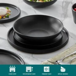 24-Piece Matte Black Stoneware Dinnerware Set Service For 6 Dishware Bowls And Plates Dinner Set -Vancasso Shop matte black vancasso dinnerware sets vc playb bk 24 1f 1000
