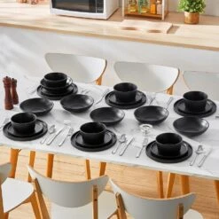 24-Piece Matte Black Stoneware Dinnerware Set Service For 6 Dishware Bowls And Plates Dinner Set -Vancasso Shop matte black vancasso dinnerware sets vc playb bk 24 44 1000