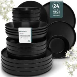 24-Piece Matte Black Stoneware Dinnerware Set Service For 6 Dishware Bowls And Plates Dinner Set