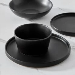 24-Piece Matte Black Stoneware Dinnerware Set Service For 6 Dishware Bowls And Plates Dinner Set -Vancasso Shop matte black vancasso dinnerware sets vc playb bk 24 77 1000