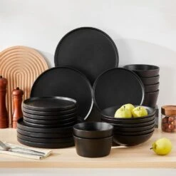 24-Piece Matte Black Stoneware Dinnerware Set Service For 6 Dishware Bowls And Plates Dinner Set -Vancasso Shop matte black vancasso dinnerware sets vc playb bk 24 d4 1000