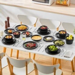 24-Piece Matte Black Stoneware Dinnerware Set Service For 6 Dishware Bowls And Plates Dinner Set -Vancasso Shop matte black vancasso dinnerware sets vc playb bk 24 fa 1000