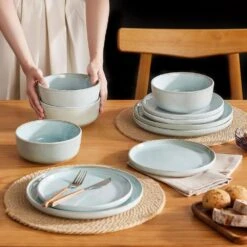 12-Piece Mint Green Stoneware Dinnerware Set Service For 4-Bowl And Plate Dining Set Double-sided Kiln-changed 23 12-Piece Mint Green Stoneware Dinnerware Set Service For 4-Bowl And Plate Dining Set Double-sided Kiln-changed -Vancasso Shop mint green vancasso dinnerware sets vc anya mg 12 31 1000