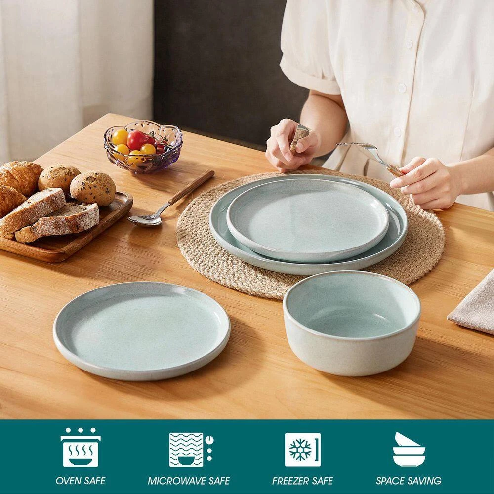 12-Piece Mint Green Stoneware Dinnerware Set Service For 4-Bowl And Plate Dining Set Double-sided Kiln-changed 8 12-Piece Mint Green Stoneware Dinnerware Set Service For 4-Bowl And Plate Dining Set Double-sided Kiln-changed - Image 6