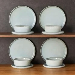 12-Piece Mint Green Stoneware Dinnerware Set Service For 4-Bowl And Plate Dining Set Double-sided Kiln-changed