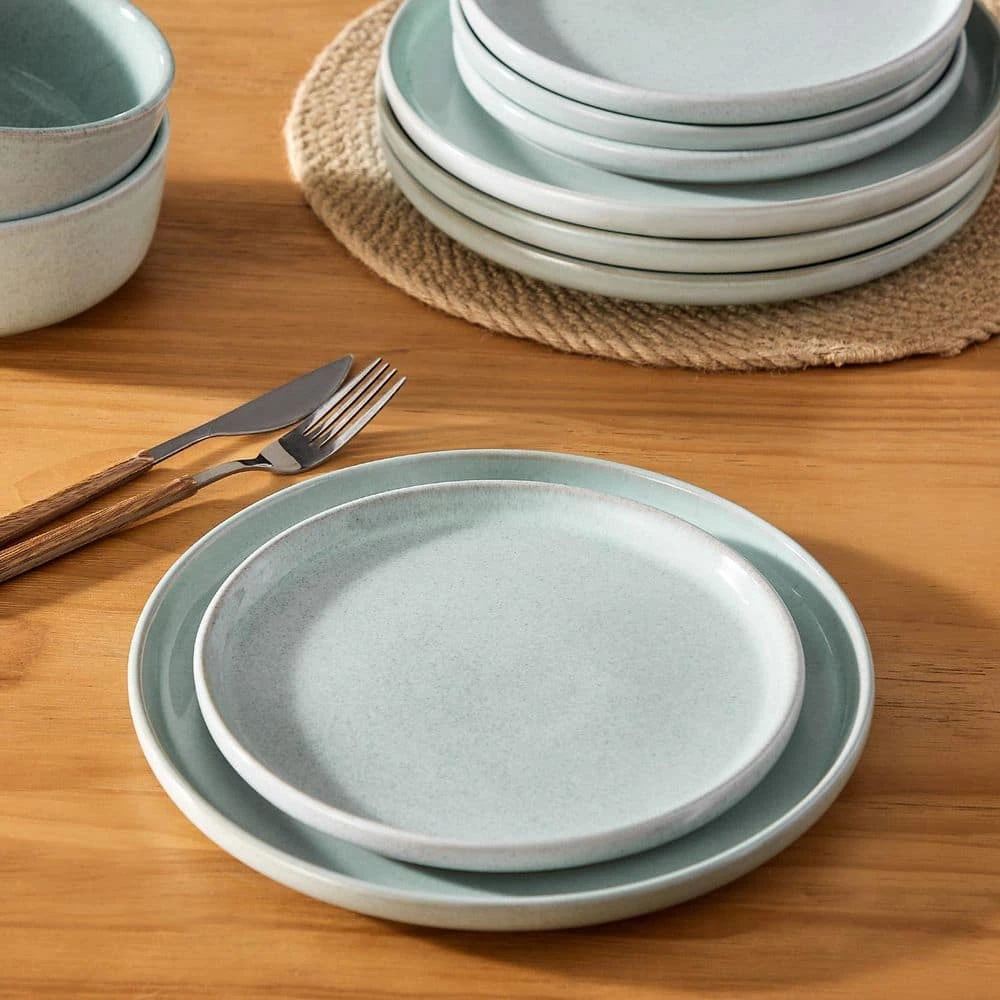 12-Piece Mint Green Stoneware Dinnerware Set Service For 4-Bowl And Plate Dining Set Double-sided Kiln-changed 6 12-Piece Mint Green Stoneware Dinnerware Set Service For 4-Bowl And Plate Dining Set Double-sided Kiln-changed - Image 4