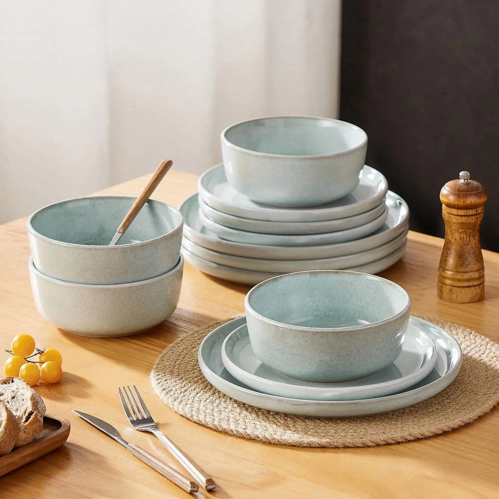 12-Piece Mint Green Stoneware Dinnerware Set Service For 4-Bowl And Plate Dining Set Double-sided Kiln-changed 12 12-Piece Mint Green Stoneware Dinnerware Set Service For 4-Bowl And Plate Dining Set Double-sided Kiln-changed - Image 10