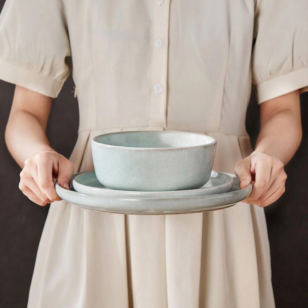 12-Piece Mint Green Stoneware Dinnerware Set Service For 4-Bowl And Plate Dining Set Double-sided Kiln-changed 11 12-Piece Mint Green Stoneware Dinnerware Set Service For 4-Bowl And Plate Dining Set Double-sided Kiln-changed - Image 9