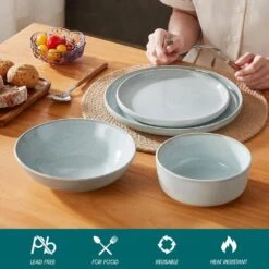 16-Piece Mint Green Stoneware Dinnerware Set Service For 4-Bowl And Plate Dining Set Double-sided Kiln-changed Tableware -Vancasso Shop mint green vancasso dinnerware sets vc anya mg 16 1f 1000