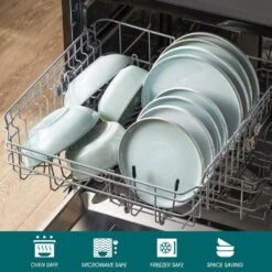 16-Piece Mint Green Stoneware Dinnerware Set Service For 4-Bowl And Plate Dining Set Double-sided Kiln-changed Tableware -Vancasso Shop mint green vancasso dinnerware sets vc anya mg 16 44 1000