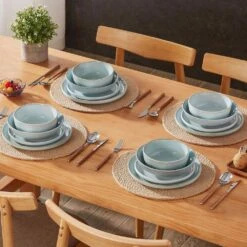 16-Piece Mint Green Stoneware Dinnerware Set Service For 4-Bowl And Plate Dining Set Double-sided Kiln-changed Tableware -Vancasso Shop mint green vancasso dinnerware sets vc anya mg 16 4f 1000