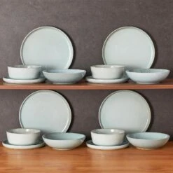 16-Piece Mint Green Stoneware Dinnerware Set Service For 4-Bowl And Plate Dining Set Double-sided Kiln-changed Tableware