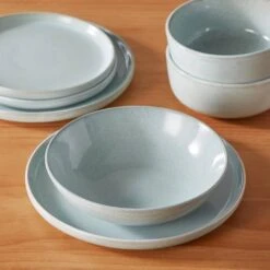 16-Piece Mint Green Stoneware Dinnerware Set Service For 4-Bowl And Plate Dining Set Double-sided Kiln-changed Tableware -Vancasso Shop mint green vancasso dinnerware sets vc anya mg 16 66 1000