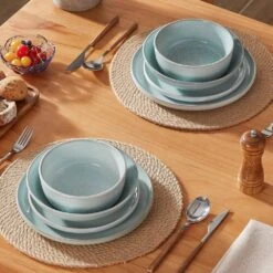 16-Piece Mint Green Stoneware Dinnerware Set Service For 4-Bowl And Plate Dining Set Double-sided Kiln-changed Tableware -Vancasso Shop mint green vancasso dinnerware sets vc anya mg 16 a0 1000