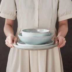 16-Piece Mint Green Stoneware Dinnerware Set Service For 4-Bowl And Plate Dining Set Double-sided Kiln-changed Tableware -Vancasso Shop mint green vancasso dinnerware sets vc anya mg 16 fa 1000