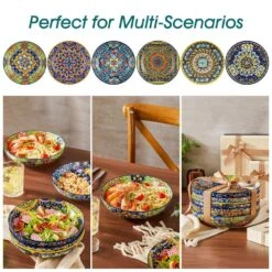 42 Fl. Oz. Multi-Colored Porcelain Pasta Bowls Set Of 6 Soup Bowl Salad Bowl Double-Sided Pattern Kitchen Serving Plates -Vancasso Shop multi colored vancasso bowls vc simi smlyw 1f 1000