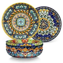 42 Fl. Oz. Multi-Colored Porcelain Pasta Bowls Set Of 6 Soup Bowl Salad Bowl Double-Sided Pattern Kitchen Serving Plates