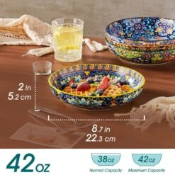 42 Fl. Oz. Multi-Colored Porcelain Pasta Bowls Set Of 6 Soup Bowl Salad Bowl Double-Sided Pattern Kitchen Serving Plates -Vancasso Shop multi colored vancasso bowls vc simi smlyw c3 1000