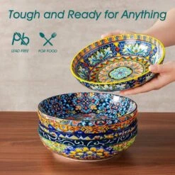 42 Fl. Oz. Multi-Colored Porcelain Pasta Bowls Set Of 6 Soup Bowl Salad Bowl Double-Sided Pattern Kitchen Serving Plates -Vancasso Shop multi colored vancasso bowls vc simi smlyw fa 1000