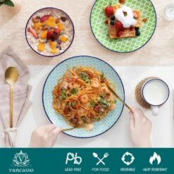 16-Piece Multi-Colored Porcelain Dinnerware Set Service For 4 Dining Set With Plates Bowls And Mugs -Vancasso Shop multi colored vancasso dinnerware sets vc macaron sl 44 1000