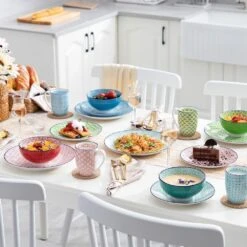 16-Piece Multi-Colored Porcelain Dinnerware Set Service For 4 Dining Set With Plates Bowls And Mugs