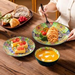 12-Piece Multi-Colored Porcelain Dinnerware Set Service For 4 Dining Set With Dinner Plates Dessert Plates And Bowls -Vancasso Shop multi colored vancasso dinnerware sets vc simi d12 h 31 1000