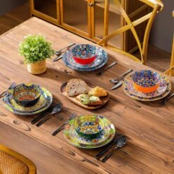 12-Piece Multi-Colored Porcelain Dinnerware Set Service For 4 Dining Set With Dinner Plates Dessert Plates And Bowls -Vancasso Shop multi colored vancasso dinnerware sets vc simi d12 h 66 1000