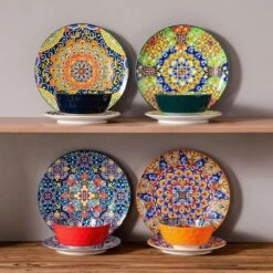 12-Piece Multi-Colored Porcelain Dinnerware Set Service For 4 Dining Set With Dinner Plates Dessert Plates And Bowls -Vancasso Shop multi colored vancasso dinnerware sets vc simi d12 h 76 1000