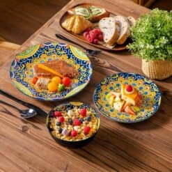 12-Piece Multi-Colored Porcelain Dinnerware Set Service For 4 Dining Set With Dinner Plates Dessert Plates And Bowls -Vancasso Shop multi colored vancasso dinnerware sets vc simi d12 h 77 1000